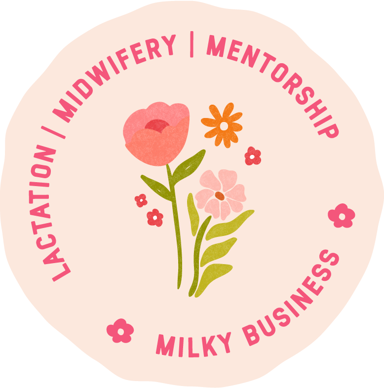 Pink circular badge with the words "Lactation | Midwifery | Mentorship | Milky Business" around the edge and a central illustration of pink and orange flowers with green stems and leaves.