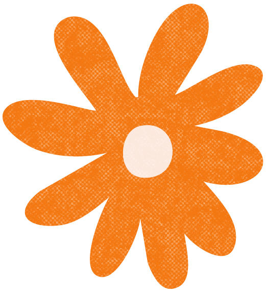 A stylized orange flower with eight petals and a light-colored center.