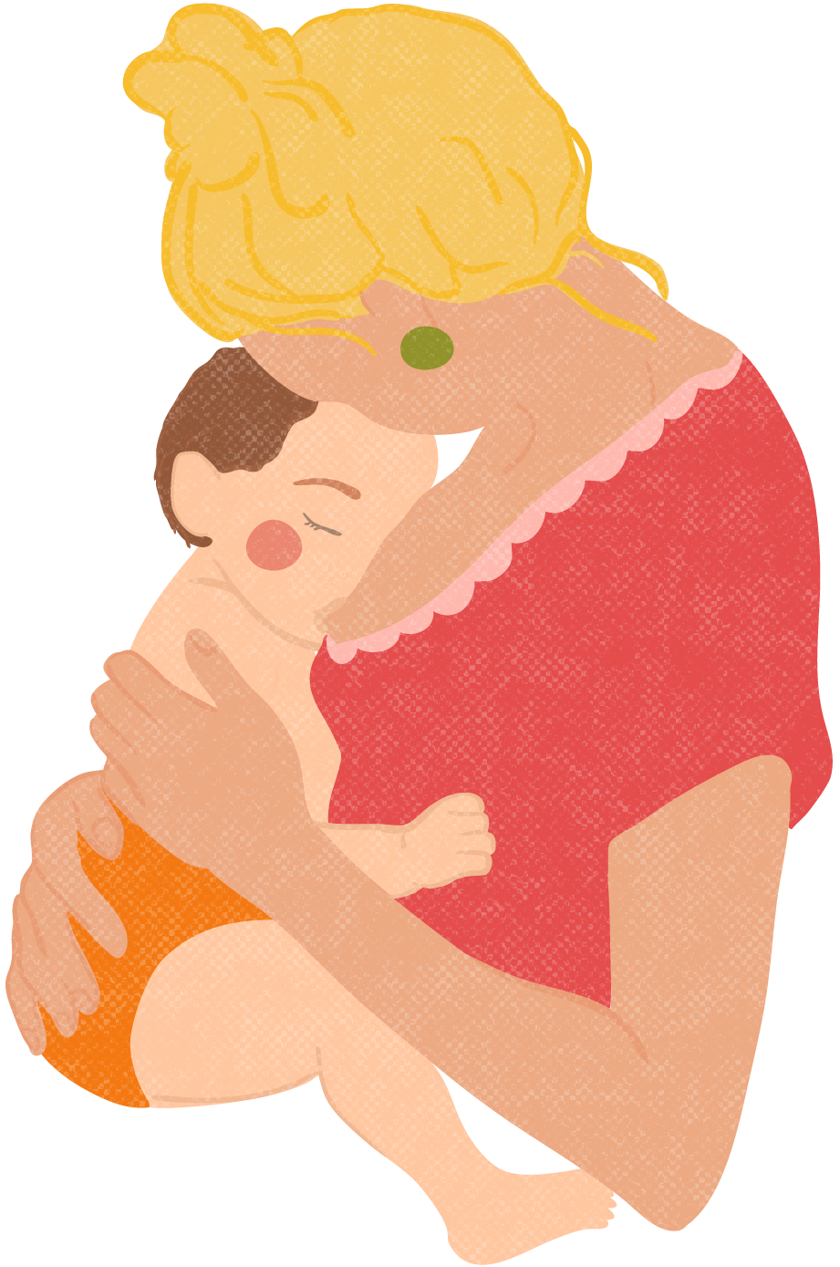 A mother hugging her sleeping young child, both with peaceful expressions, in a warm embrace.