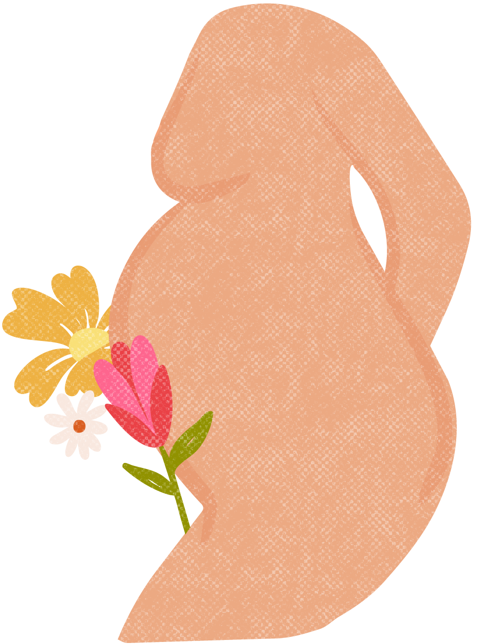 Illustration of a pregnant woman with a large belly, holding pink and red flowers, and a yellow and white bird sitting on her shoulder.