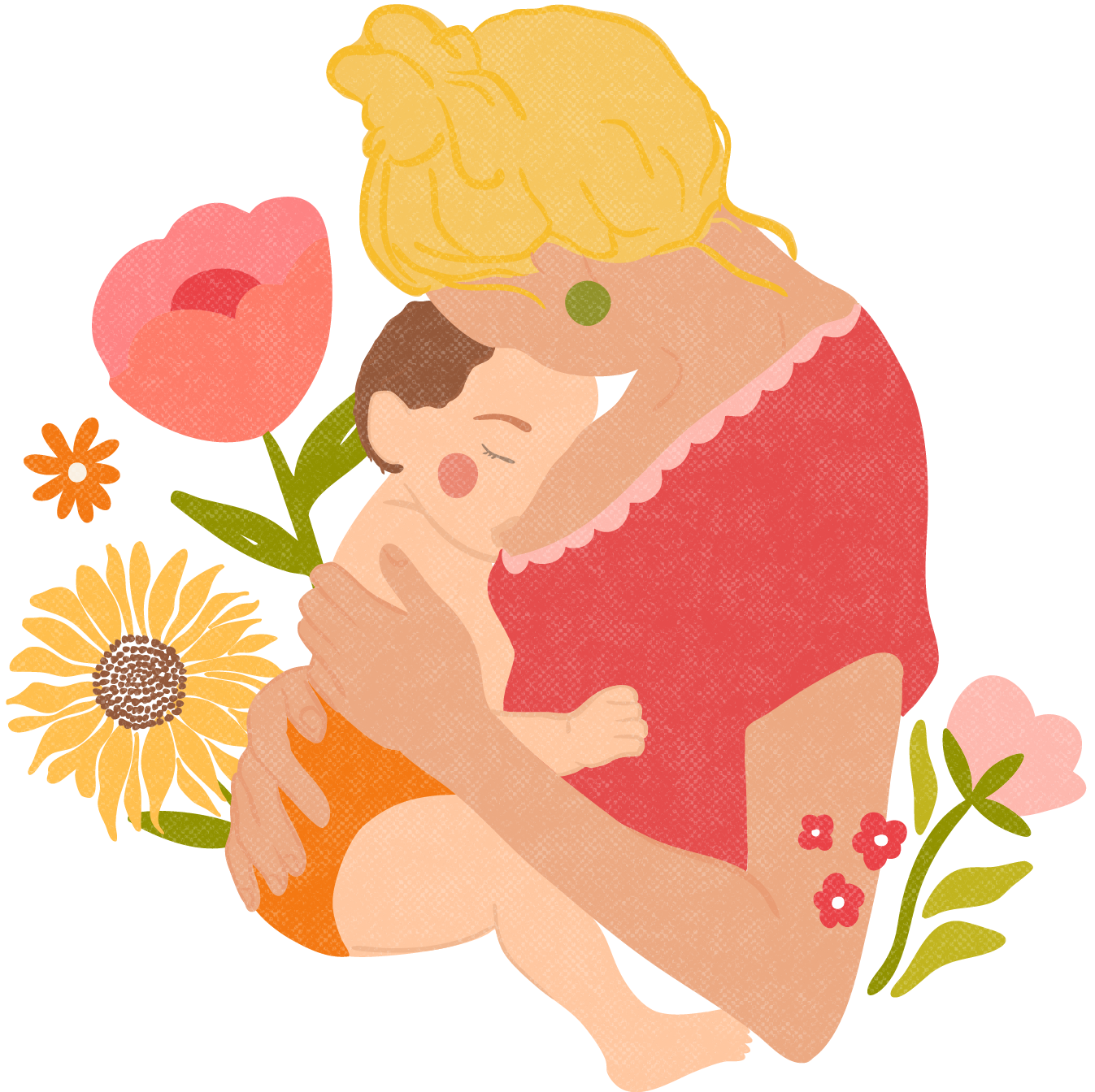 An illustration of a woman with blonde hair holding a sleeping child with brown hair, surrounded by flowers and greenery.