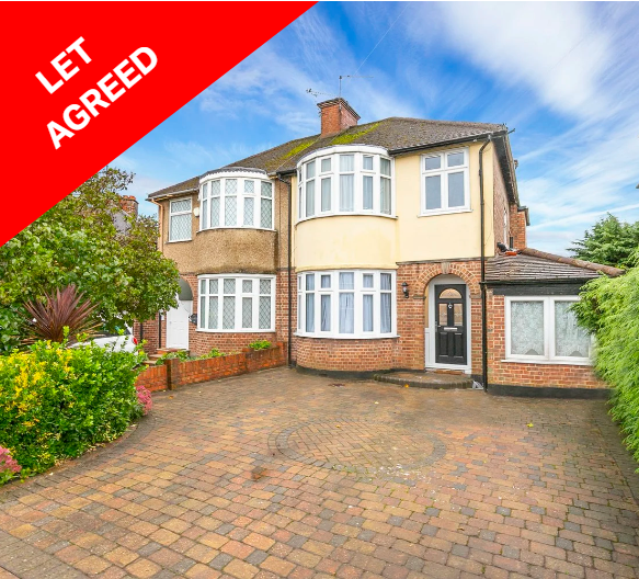 Front view of a two-story house with large bay windows, brick and cream-colored exterior, and a paved driveway surrounded by greenery. A red banner in the top left corner says 'LET AGREED.'