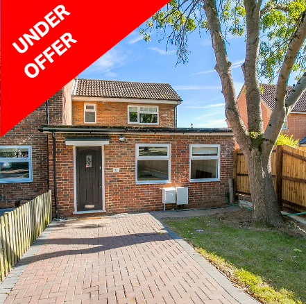 Brick house with a small front yard, paved walkway, and a tree on the right side. An 'Under Offer' banner is in the top left corner.