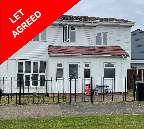 Two-story white house with a fenced yard, red roof, and multiple windows, with a red banner reading 'LET AGREED' diagonally across the top left corner.