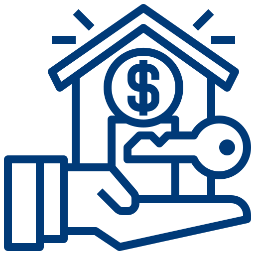 House with a dollar sign inside, a key, and a hand underneath, representing real estate transaction or mortgage.