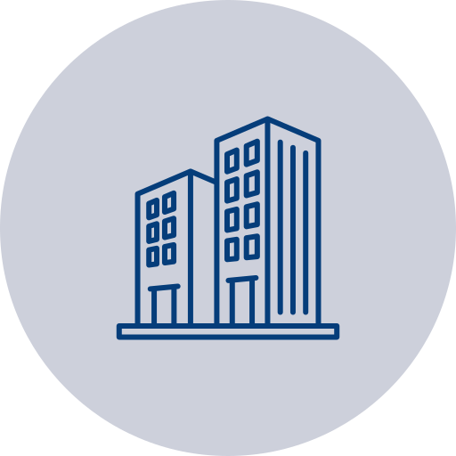 Line drawing of two tall office buildings in blue.