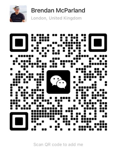 QR code for Brendan McParland's contact info, located in London, United Kingdom, with WeChat icon in the center.
