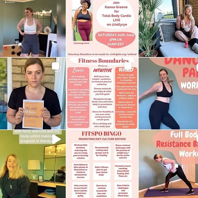 a few non diet culture fitness page recommendations ☺️ I love following all of these people as they focus on intuitive eating and exercising not for the purpose of losing weight or changing your body, but because it&rsquo;s good for you! We tend to f