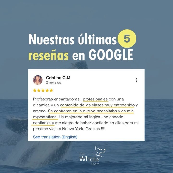 Lo más bonito de nuestro trabajo como profes en The Whale Room 🐳 es ver como nuestros alumnos cumplen sus objetivos con el inglés y vuelan libres sin miedo y sin inseguridades.
Hoy traemos las últimas 5 reseñas que no h
