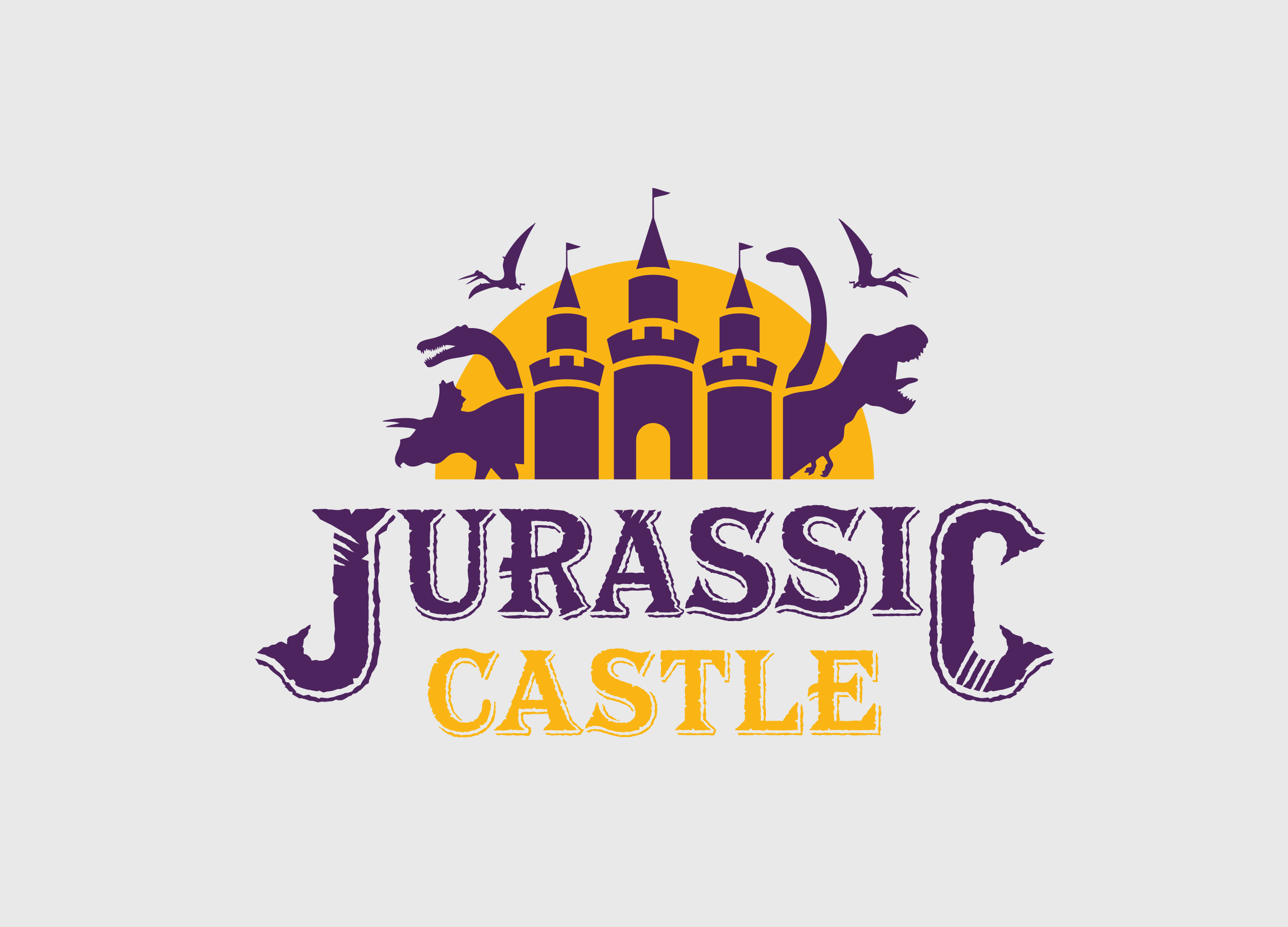 Logo of Jurassic Castle featuring a stylized purple castle with three towers, two flying Pterodactyls, two T-Rex silhouettes, a large yellow sun in the background, and the text "Jurassic Castle" in purple and yellow