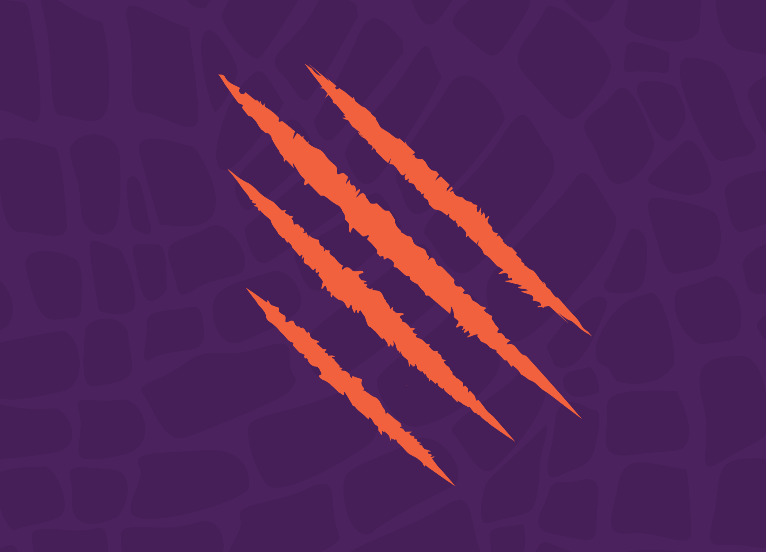 An illustration of the orange claw marks logo of Monster Energy on a dark purple background with abstract shapes.