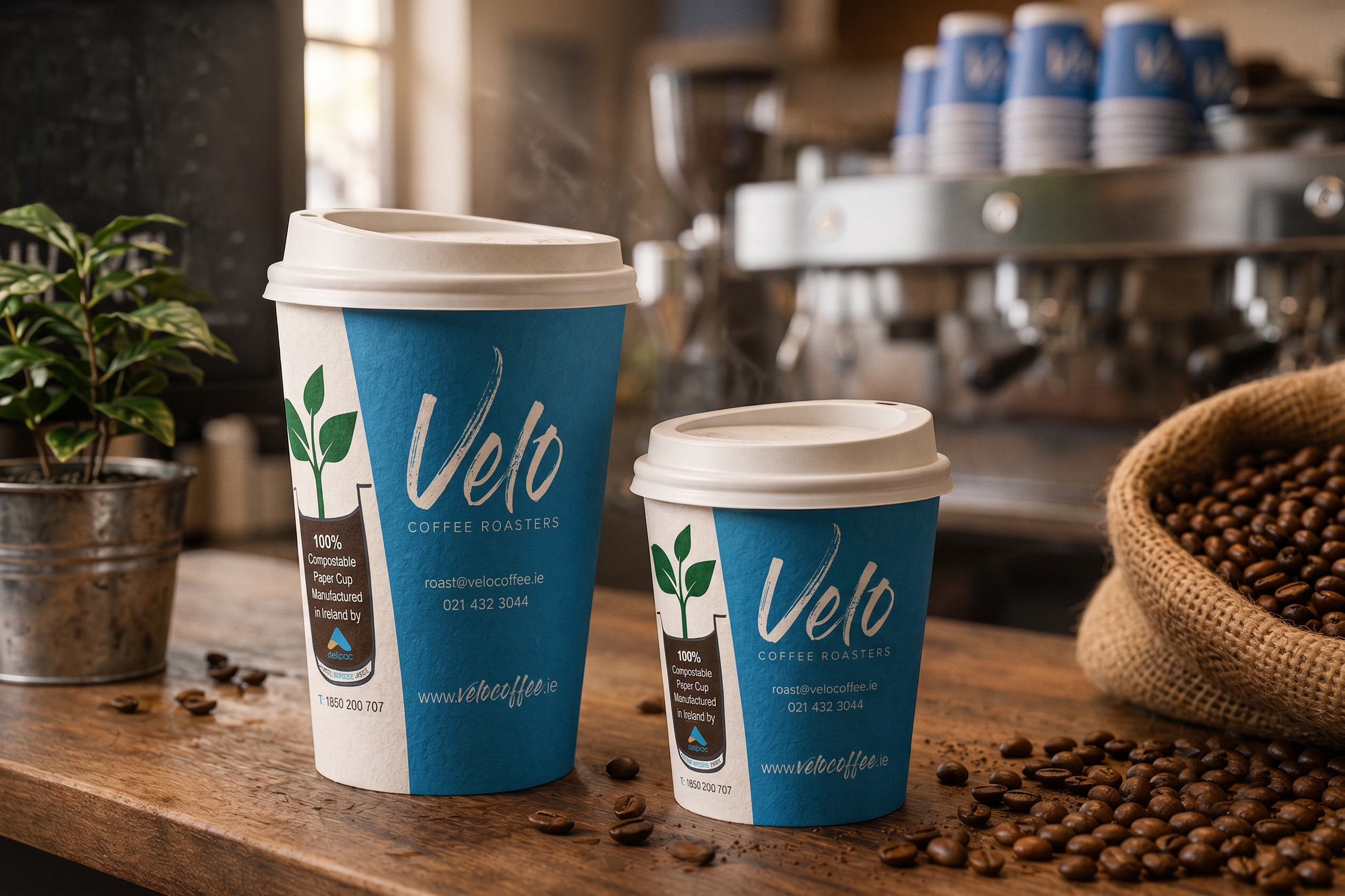 Two blue and white paper coffee cups with foam lids on a wooden table, with coffee beans scattered around and a plant in a metal pot, in a cozy coffee shop setting.