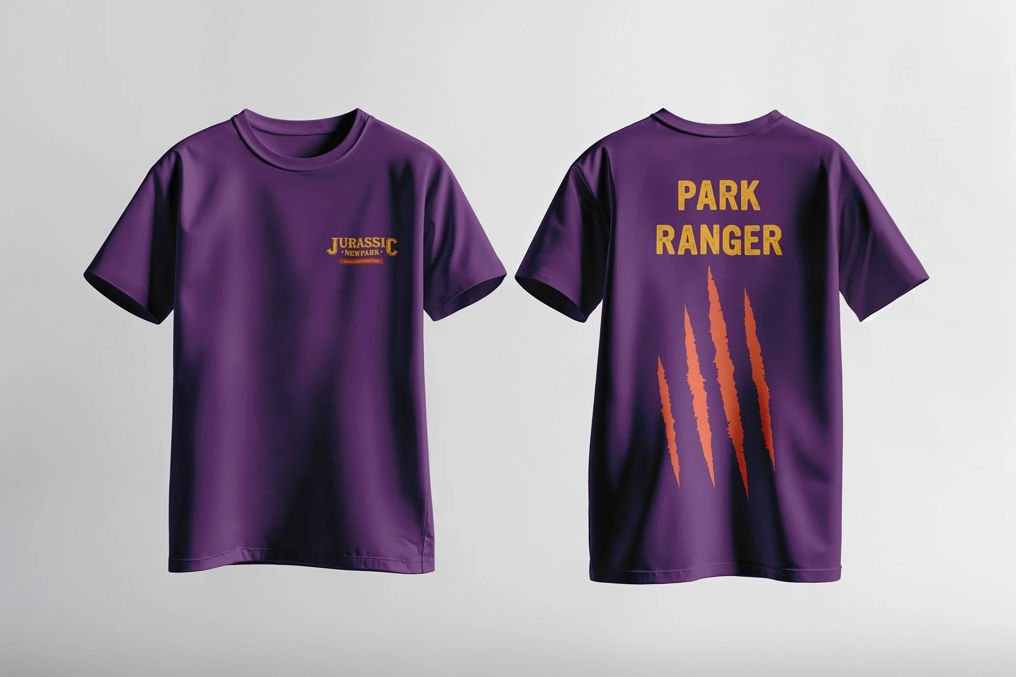 Purple T-shirt with 'Jurassic New Park' logo on the front and 'Park Ranger' message with claw marks on the back.