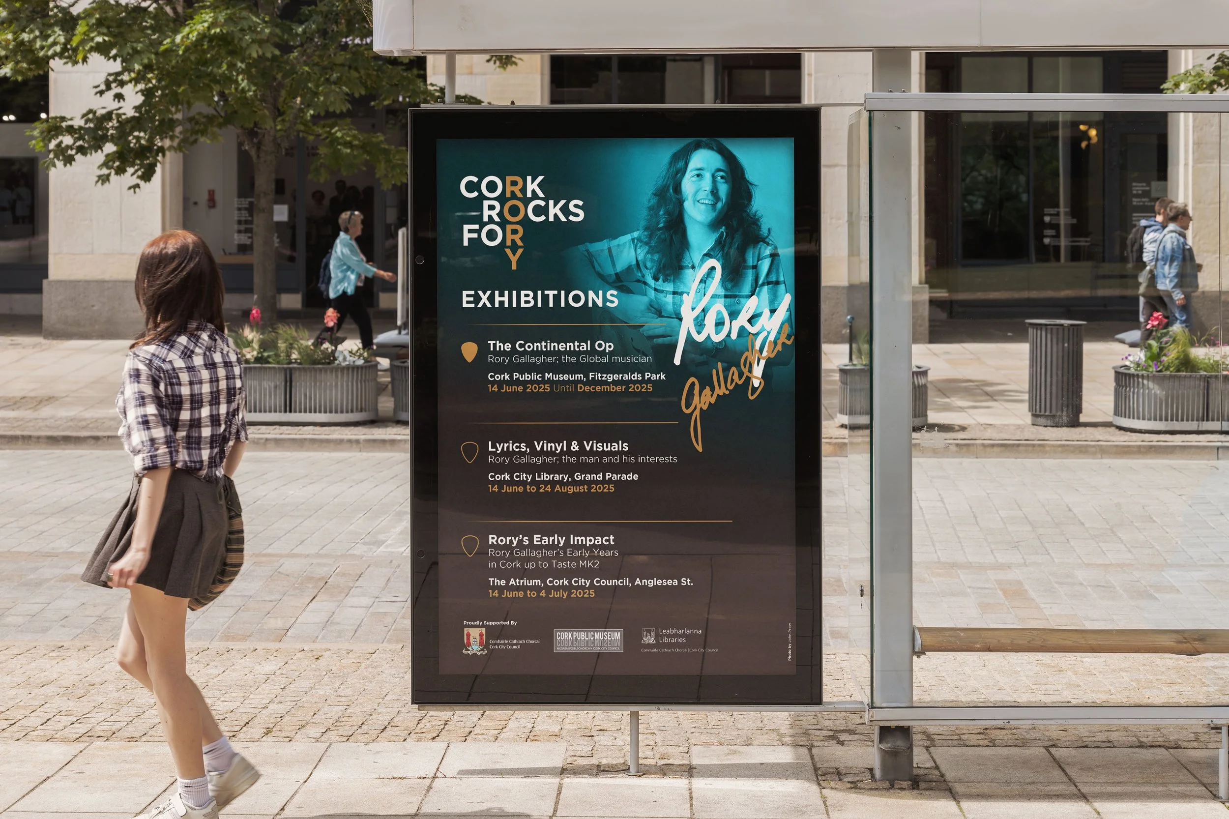 Poster advertising Cork Rock for Rory Gallagher exhibitions at Cork Public Museum and Cork City Library, featuring a large portrait of Rory Gallagher and details of three exhibitions from June to December 2025 in Cork, Ireland.