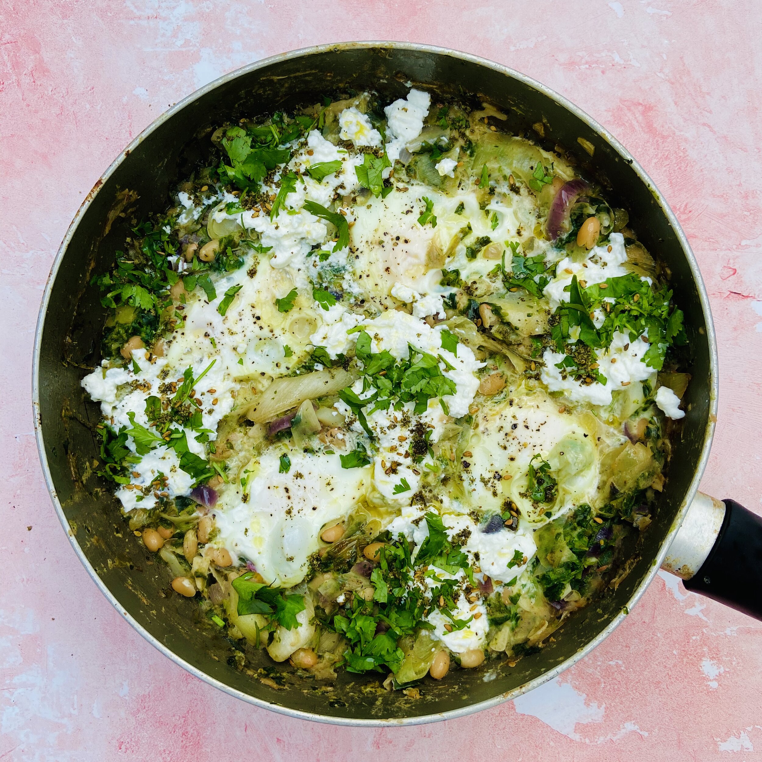 Green shakshuka with leeks & ricotta