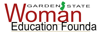 Garden State Woman Education Foundation logo with bold red and black text on a white background, and a small green silhouette of the state of New Jersey.