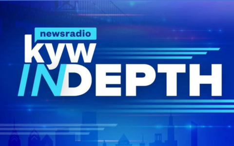 KYW In Depth podcast logo on a blue background with Philadelphia skyline silhouette and text "newsradio" above "KYW IN DEPTH."