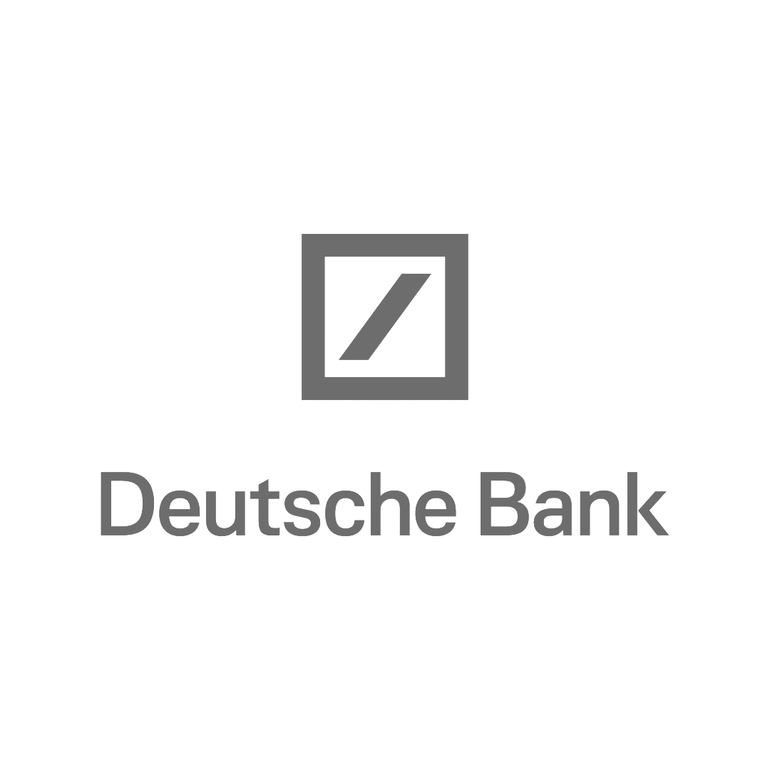Deutsche Bank logo featuring a gray square with a diagonal slash, beneath the words 'Deutsche Bank' in gray text.
