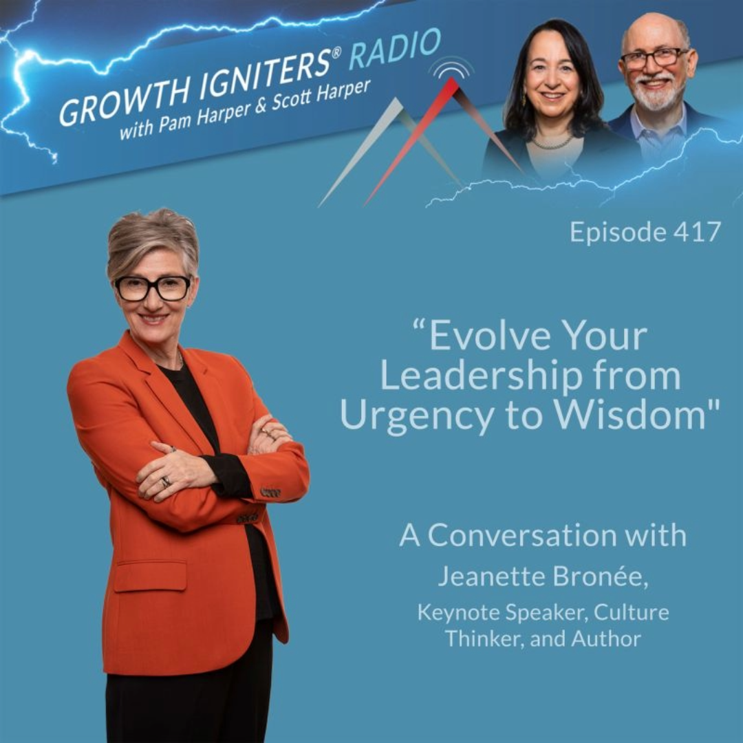 Cover image for the podcast episode titled 'Evolve Your Leadership from Urgency to Wisdom' featuring Jeanette Bronée. The image shows a woman in an orange blazer crossing her arms, smiling. The background includes a blue gradient with lightning effects and images of two people, a woman and a man, in the upper right corner. The text includes the podcast title, episode number, and guest details.