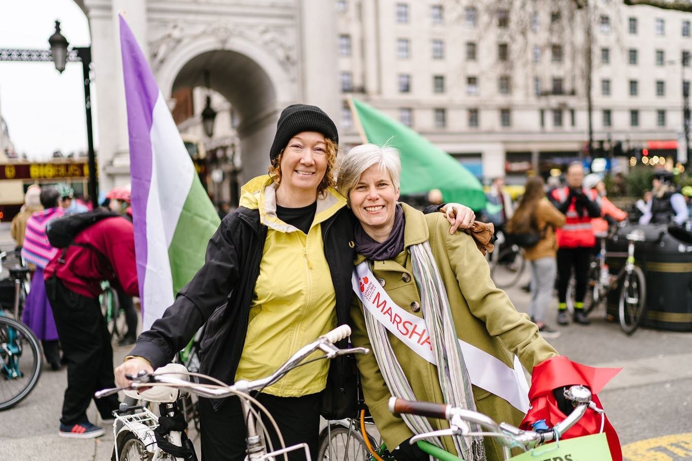 Freezing and Proud to be one of 700 cyclists, holding up traffic on a Sunday morning in Central London. We want more SAFE cycle routes so that we can ALL enjoy the ride - without being at risk of losing our legs, thank you. 
Here's me and lovely Rach