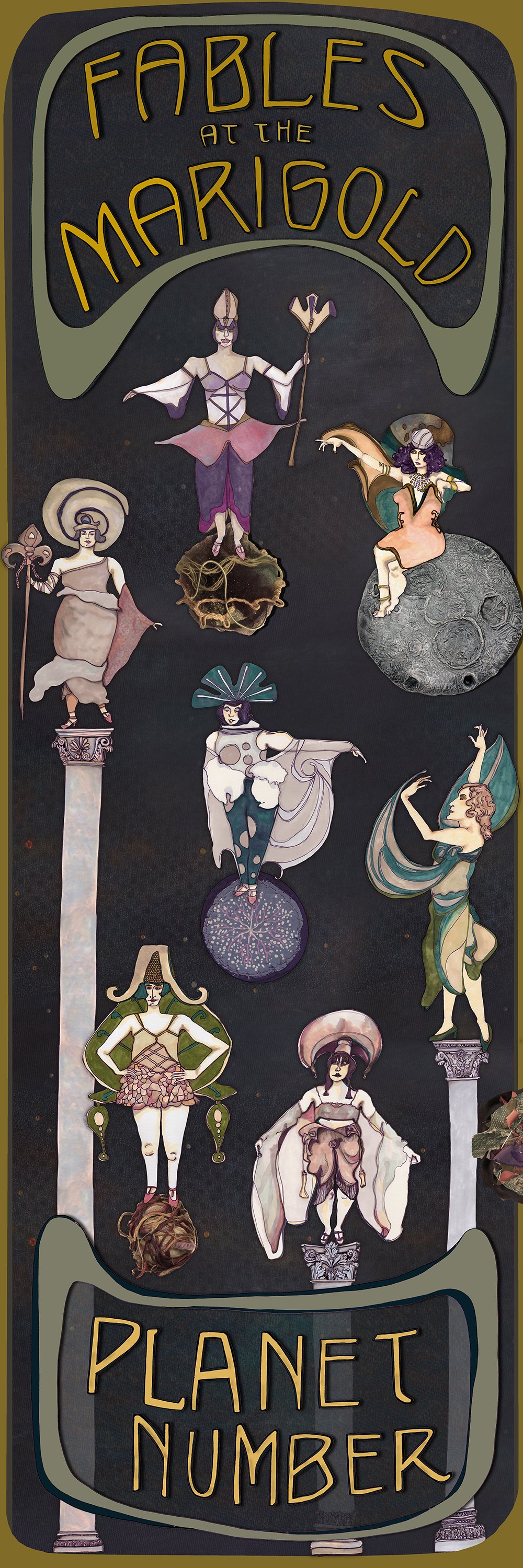 'The Planet Number' I co created this with eLm Moonstones for our (The Dandy Vagabonds) show 'Ruby Moon: A Parade of Vintage Elegance'. This work blends illustration, painting, fabric and font. I created the illustrations and layout. You can see mor