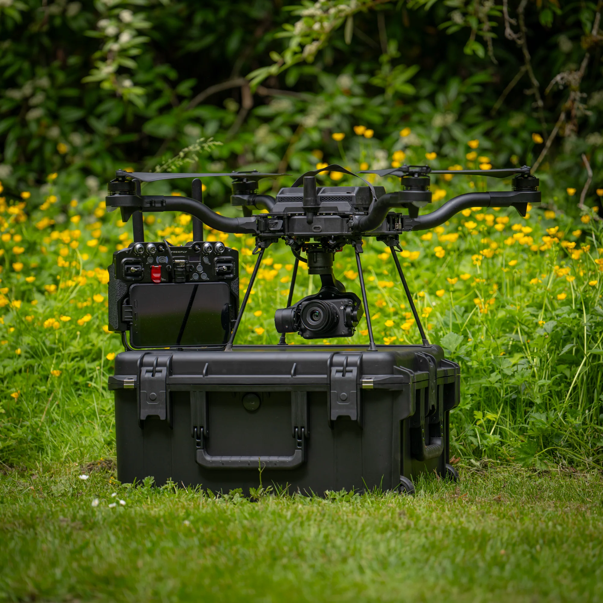 Freefly Astro Max Blue UAS drone platform with controller and payload system configured for enterprise and government operations