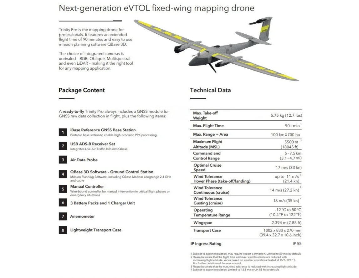 View technical specifications for the Quantum Systems Trinity Pro VTOL mapping drone, including flight time, range, payload capacity, wind tolerance, and operational performance data.