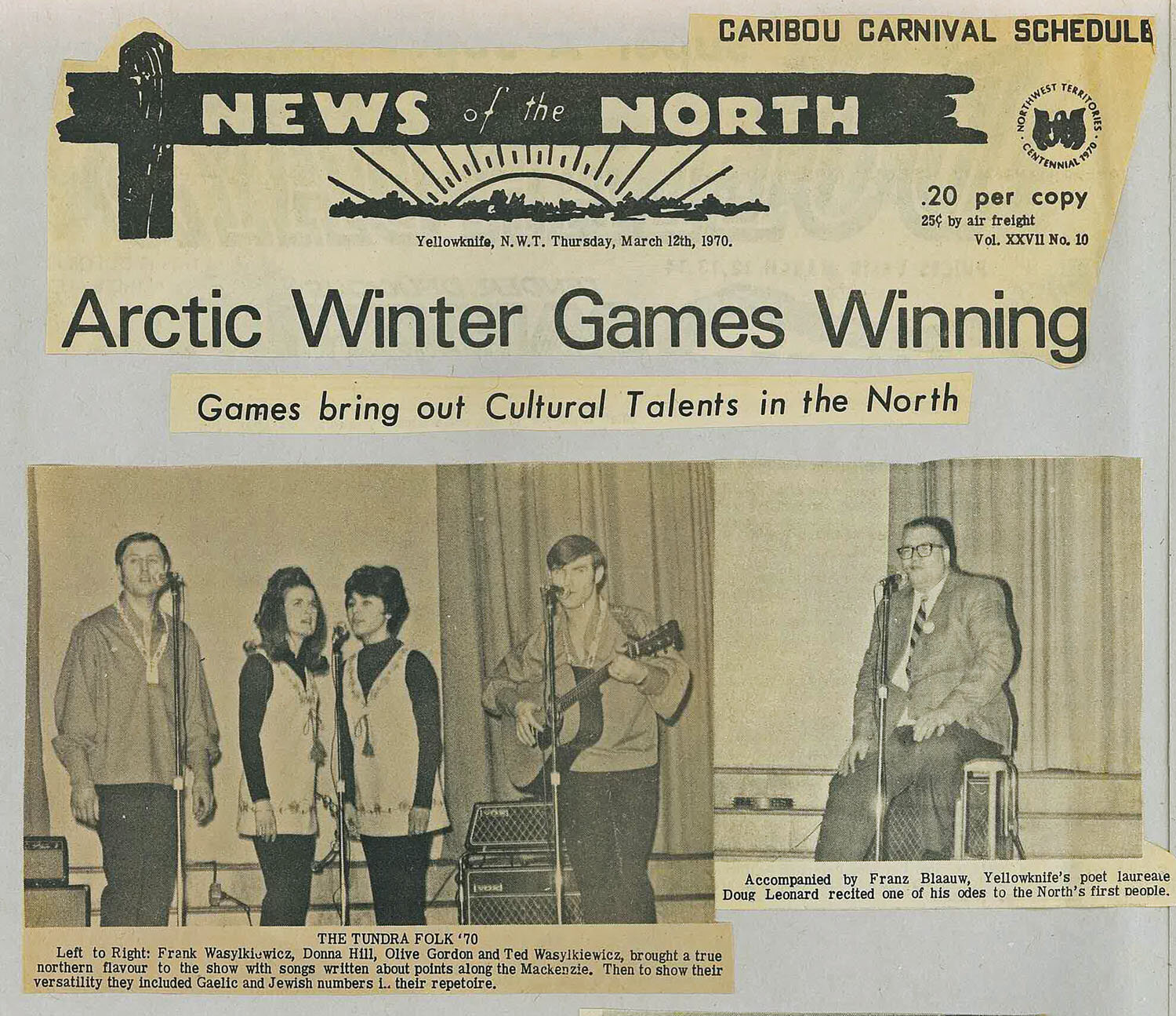 “Tundra Folk” L-R: Frank Wasylkiewicz, Donna Hill, Olive Gordon, Ted Wasylkiewicz.  Doug Leonard. Yellowknife, 1970. (photo courtesy Ted Wesley, ©  NNSL.com)