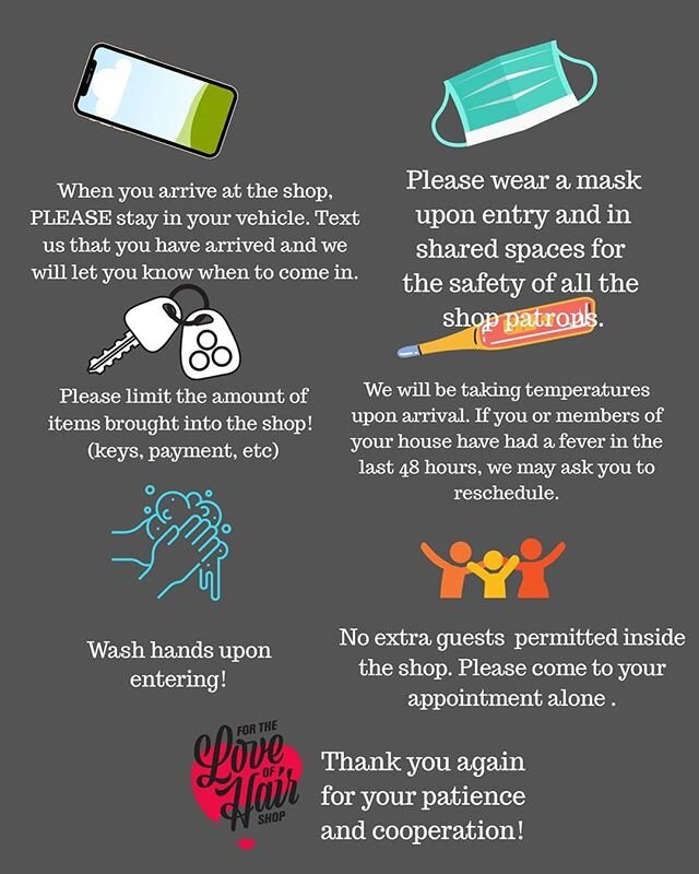 Hi shop family! We hope you are safe and healthy! Just wanted to make a post about our phase 4 updates for all of you. For the most part, phase 3 and 4 are very similar for us.  Masks, temps,  limited guests, and appointment only will stay in place u