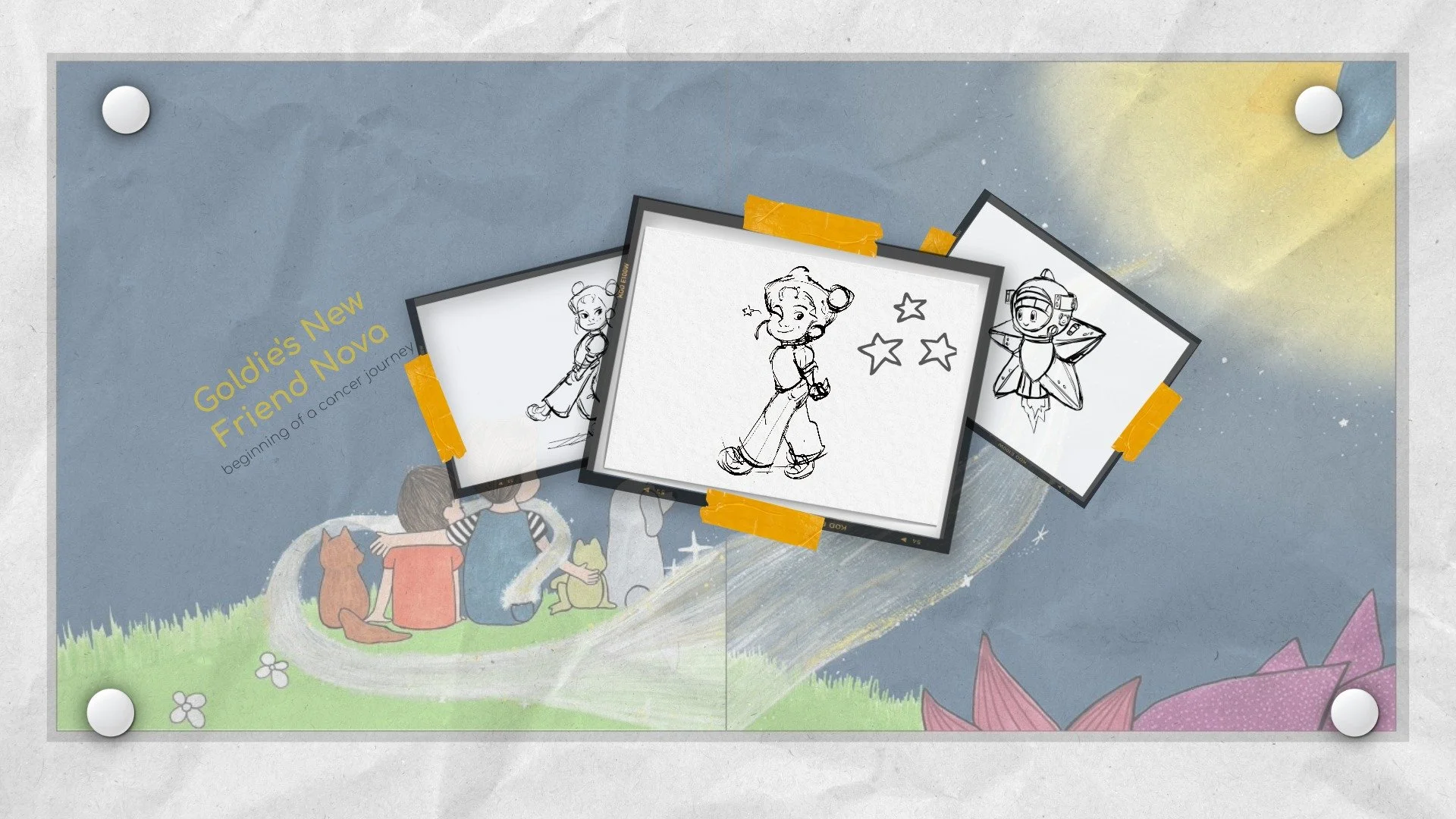 Super Scrubbles character sketches on book spread
