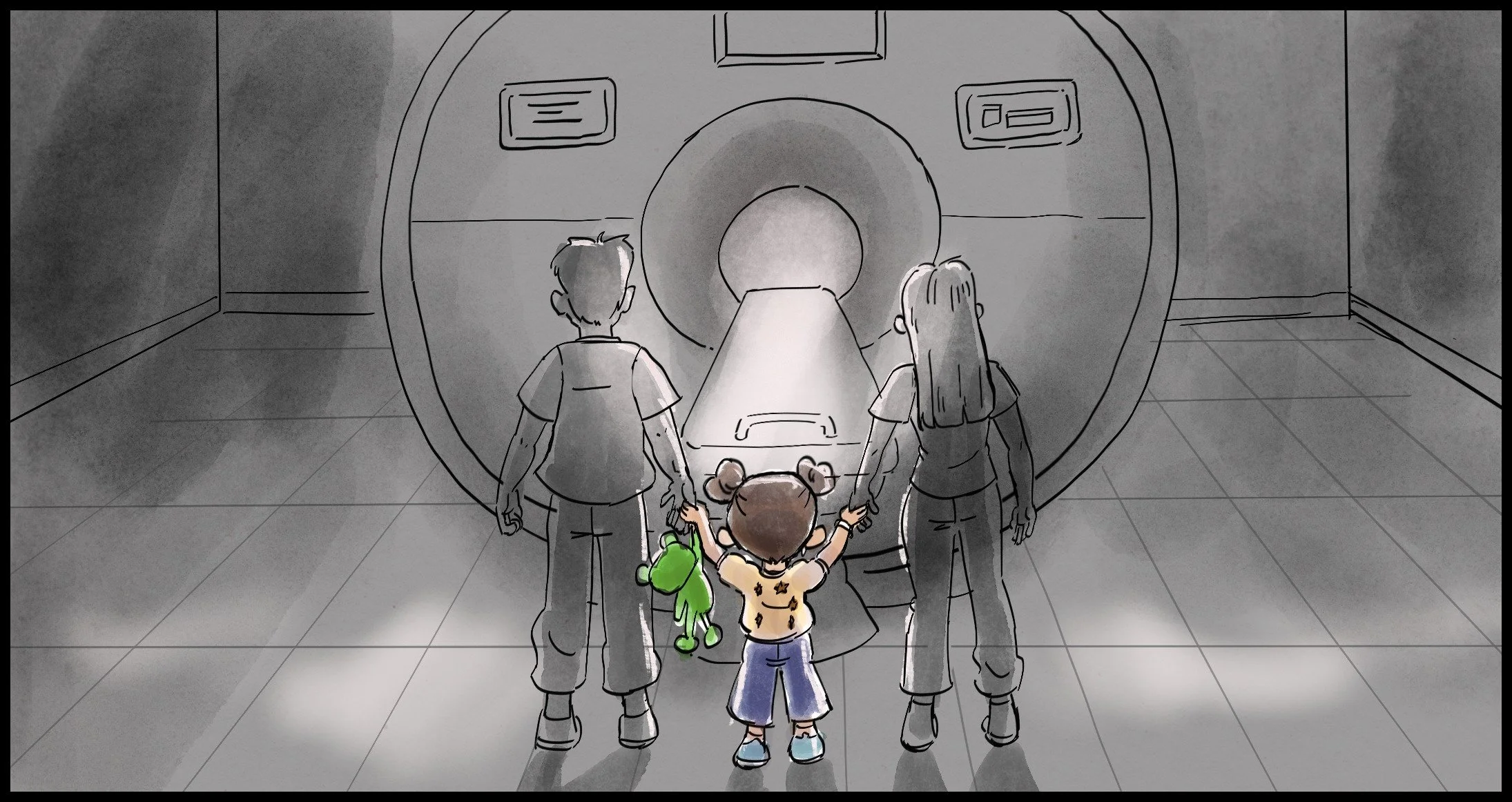 With her parents, Goldie prepares for a scan to help find what's making her sick. 
