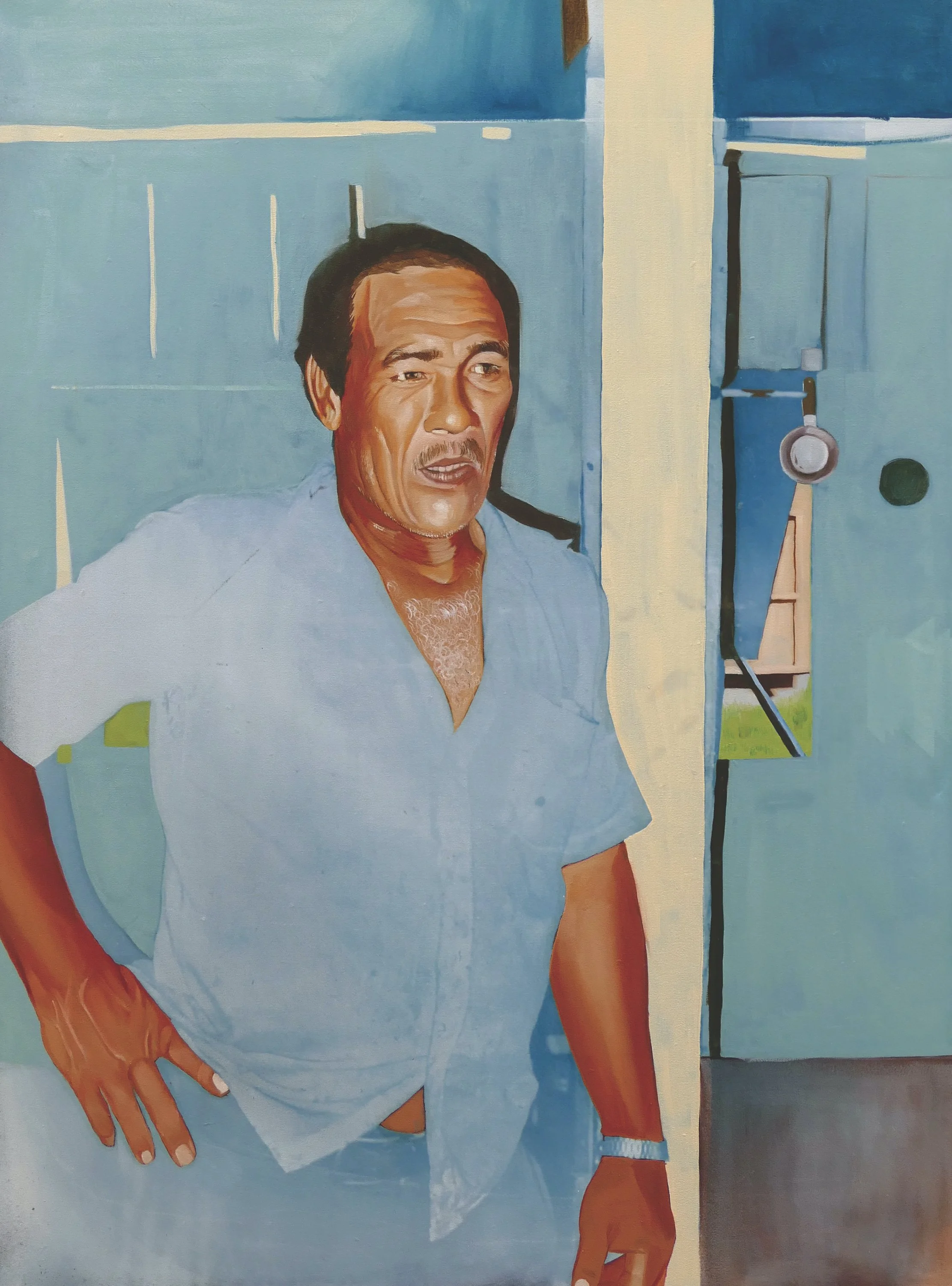 "Untitled (great uncle)." Oil and cyanotype on canvas. 40 x 30 inches. 2024.