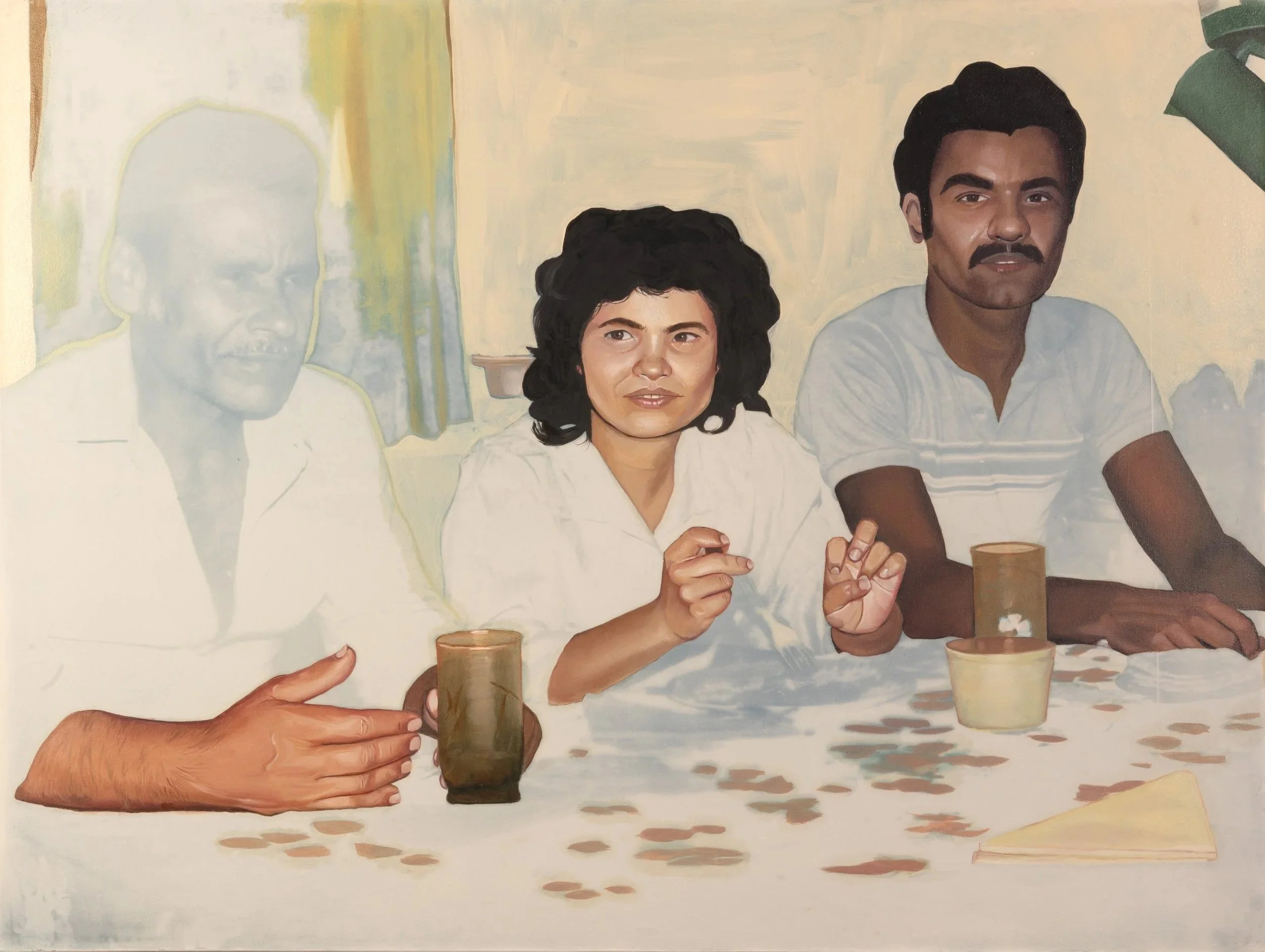 "Family Meal." Oil and cyanotype on canvas. 40 x 30 inches. 2024.
