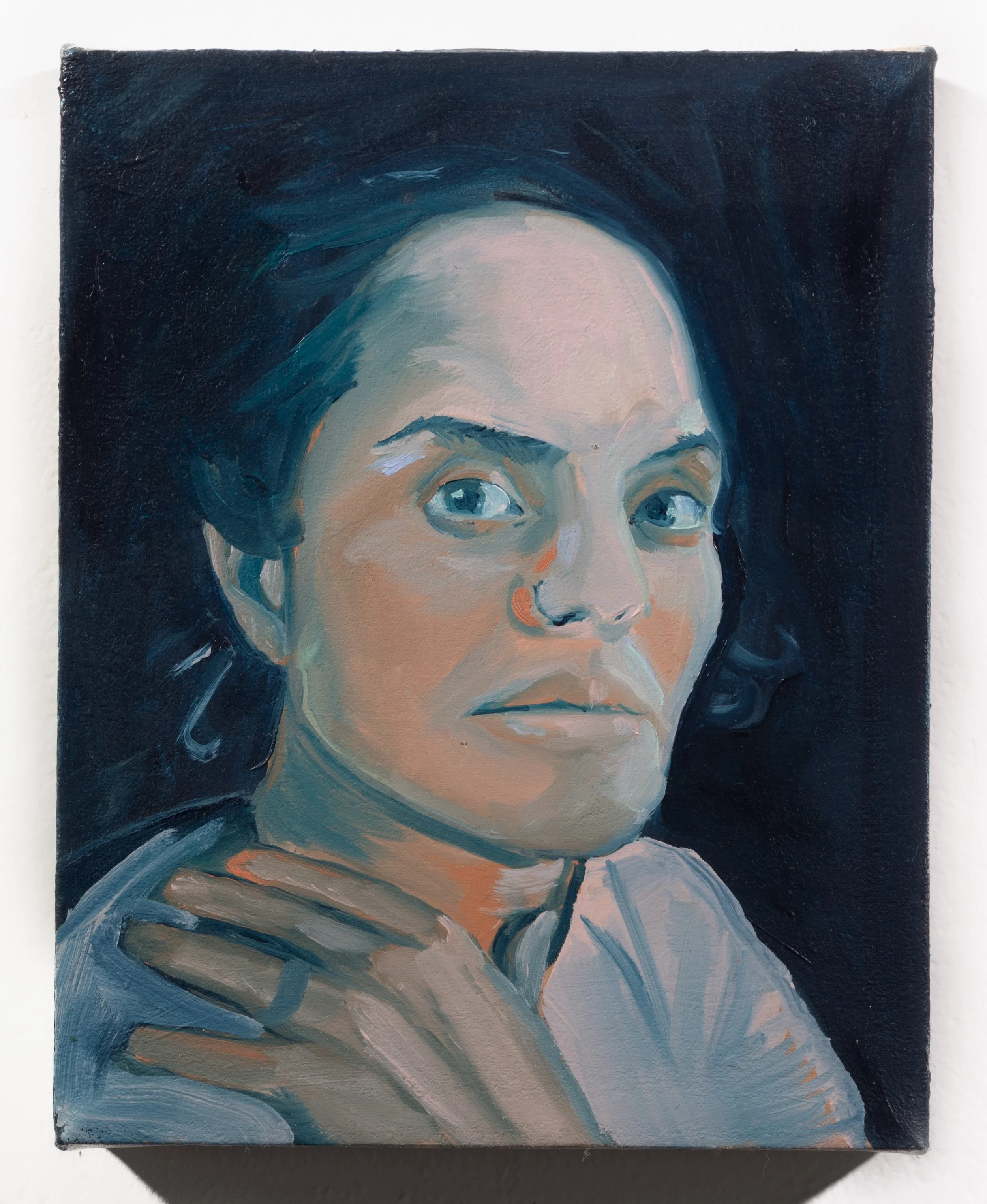 "Self-Portrait in Blue." Oil on canvas. 8 x 10 inches. 2025.