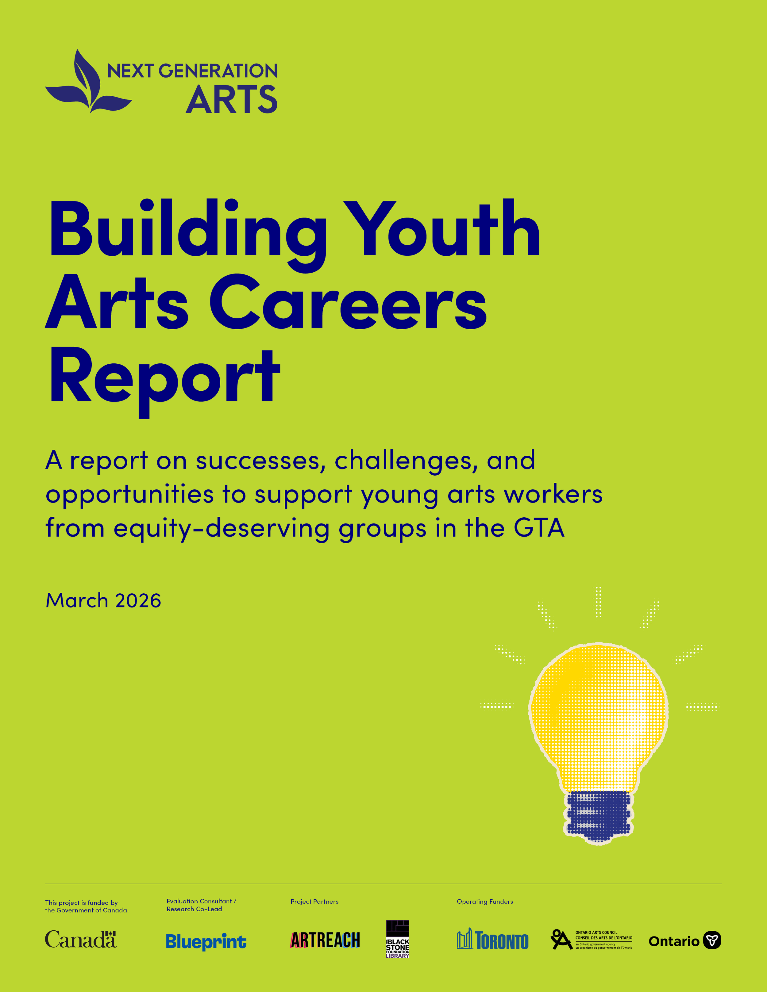 Cover page of the 'Building Youth Arts Careers Report' with a green background, titled in large blue text, featuring a logo of a stylized plant in the top left corner, and a graphic of a yellow lightbulb in the bottom right corner. The report is dated March 2026.