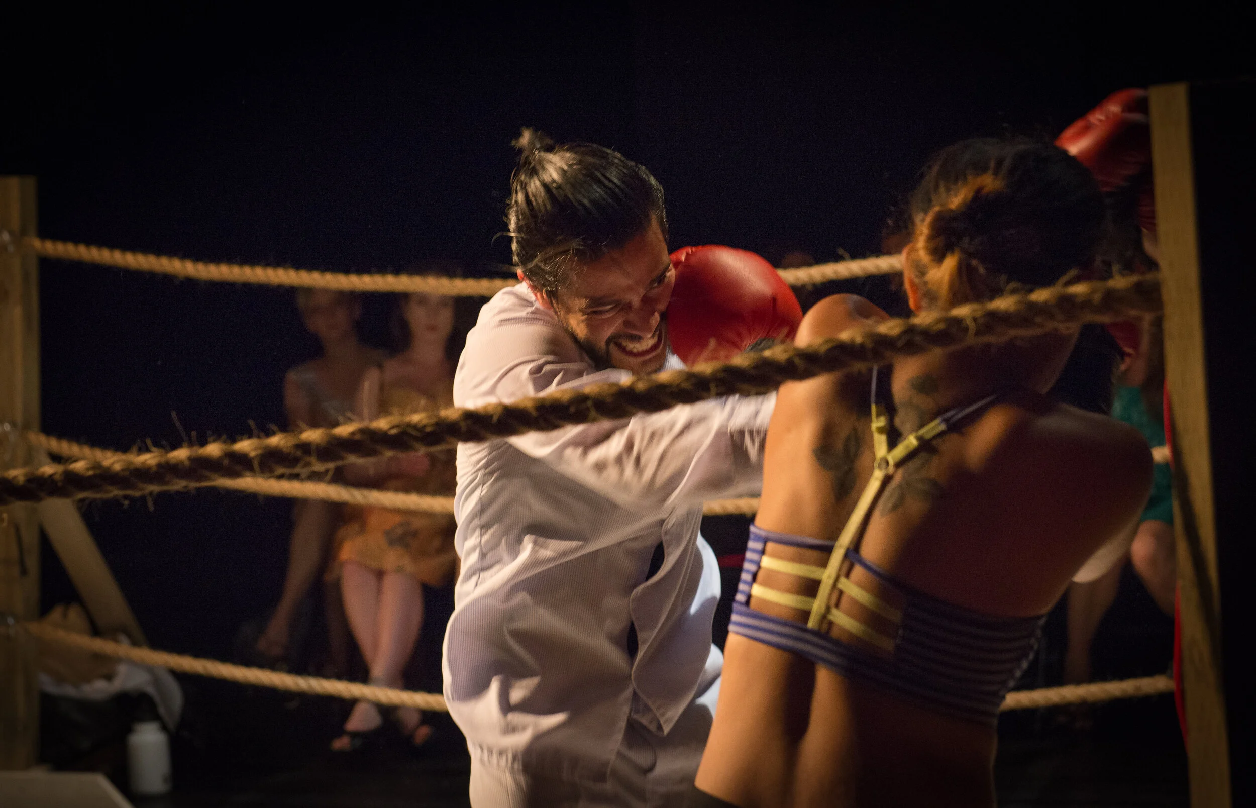 Mis Papás at The Shift Festival. Pictured Victor Ayala, Sara Roa. Set Pedro Chamale, Costumes Jessica Hood, Lights Jessica Han.