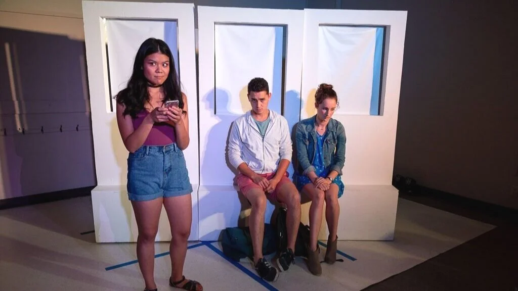 Selfie by Christine Quintana, Rumble Theatre's Tremors Festival. Pictured - Grace Le, Carlen Escargara & Olivia Lang. Lights Harika Xu, Set Emily Fraser.