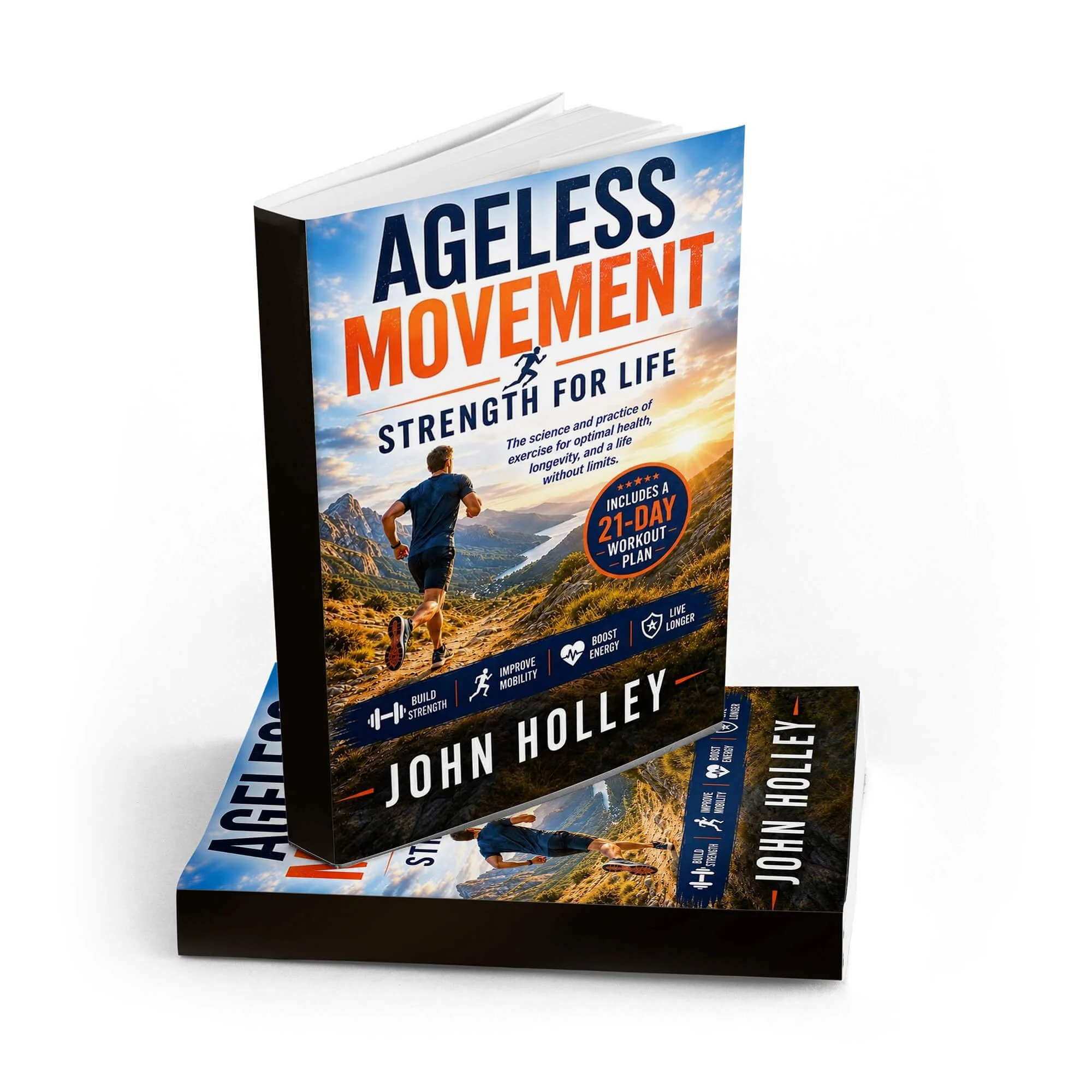 Book titled 'Ageless Movement' with a cover image of a person running on a trail in mountains during sunrise or sunset.