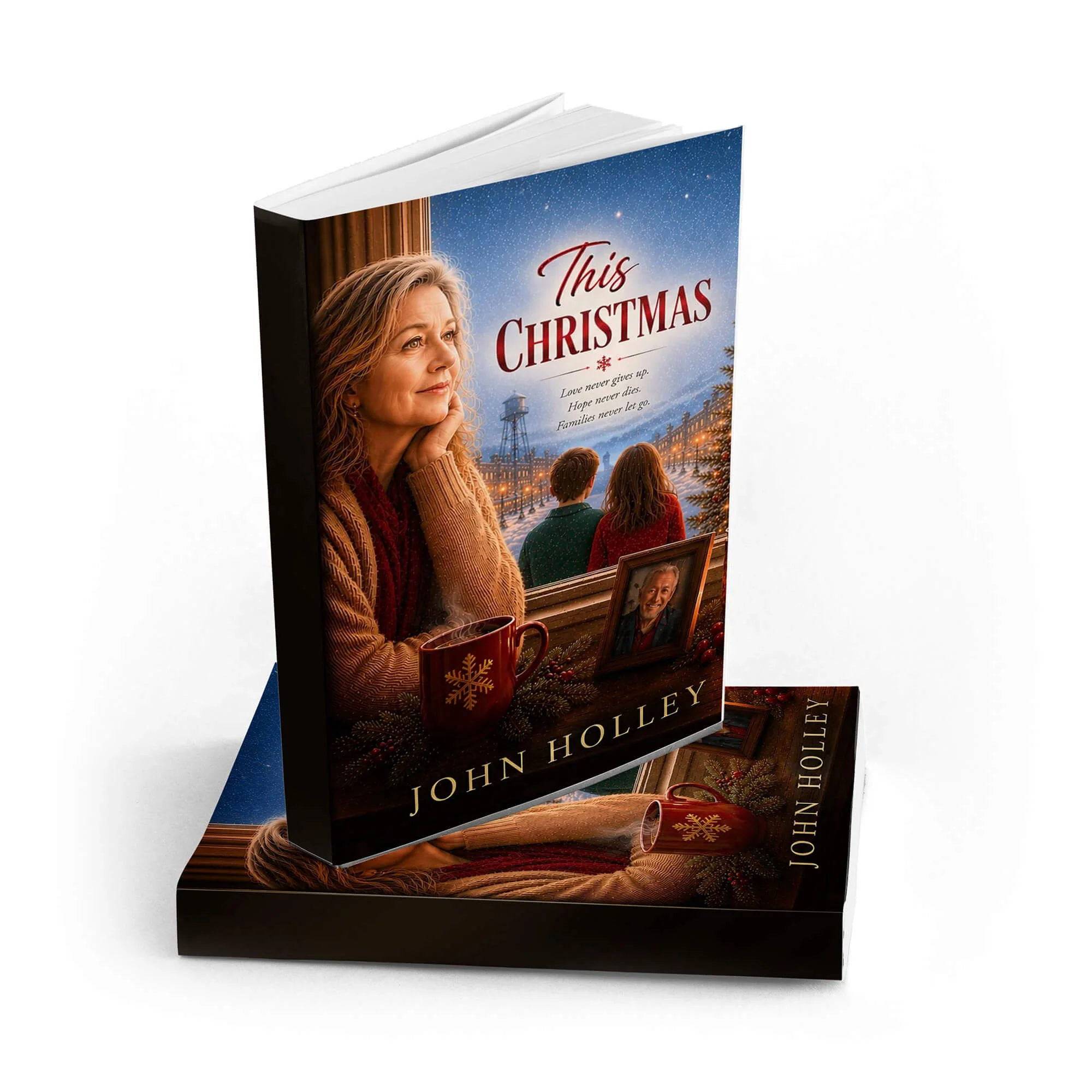 Close-up of a Christmas-themed book cover titled "This Christmas" by John Holley, featuring a woman gazing thoughtfully by a window with a view of a snowy town and holiday decorations.