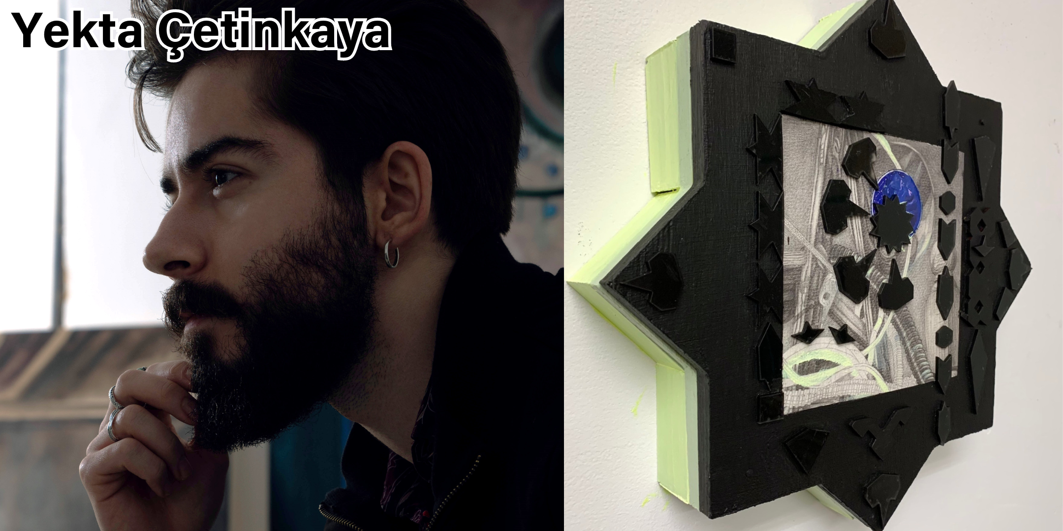 ...."Creation of the Evil Eye" by Yekta Çetinkaya. Graphite, collage, acrylic, oil and plexi on wood panel, 14 x 14 x 2.5" .."Creation of the Evil Eye" par Yekta Çetinkaya. Graphite, collage, acrylique, huile et plexi su panneau en bois, 14 x 14 x 2,