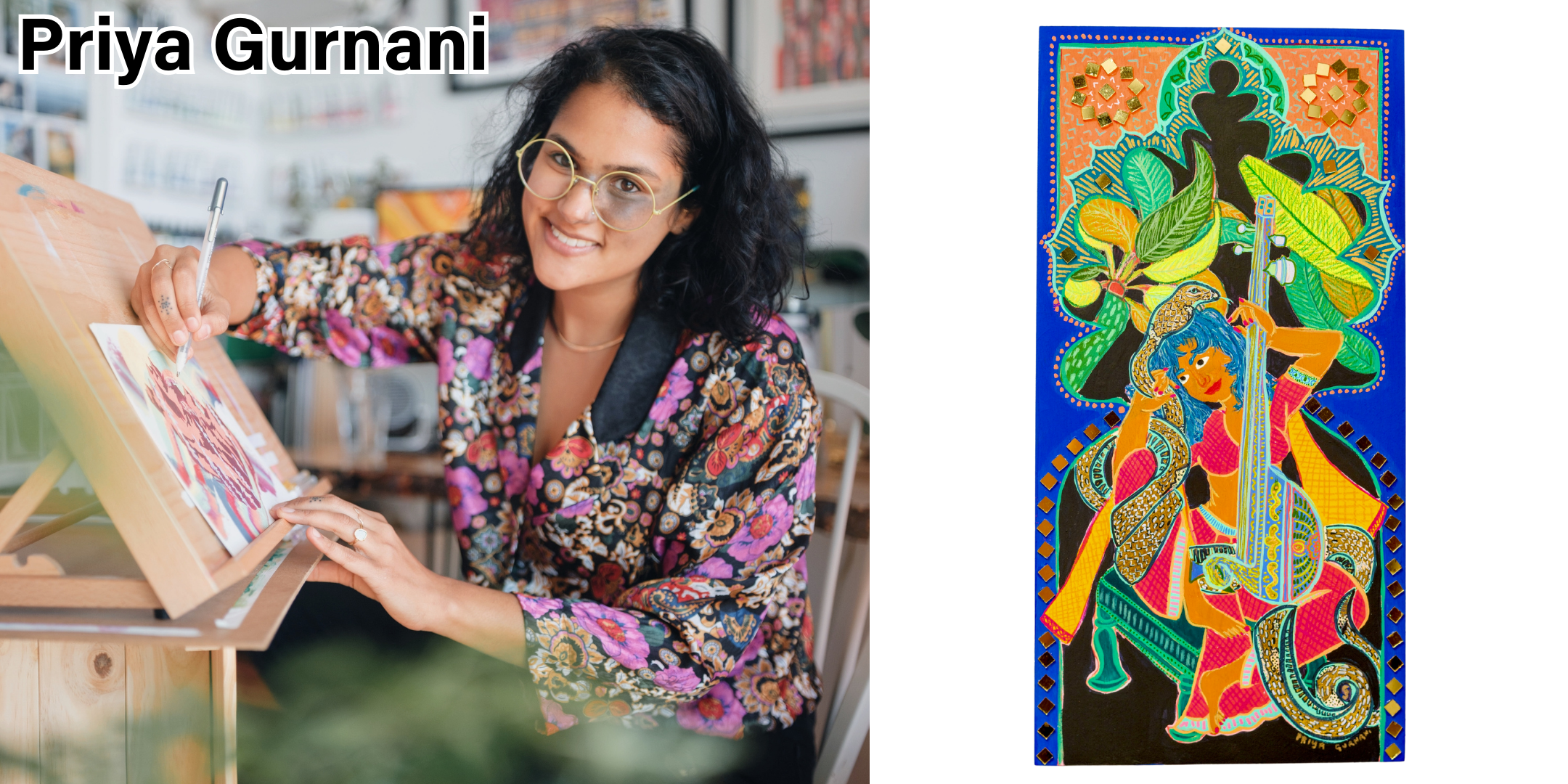 ...."Larrita's Riyaz" by Priya Gurnani. Acryla gouache, gold mirrors, and gold foil on a cradled gallery birch panel, 6 x 12" .."Larrita's Riyaz" par Priya Gurnani. Gouache acrylique, miroirs dorés et feuille d'or sur un panneau de bouleau de galerie