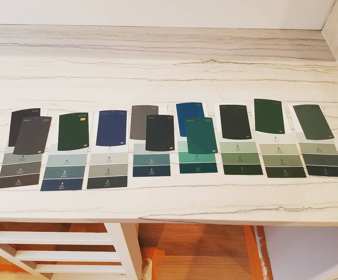 Sifting through potential cabinet colors to add character to our non historic/historic kitchen. Against brass pulls &amp; a honed countertop, it's going to be 👌