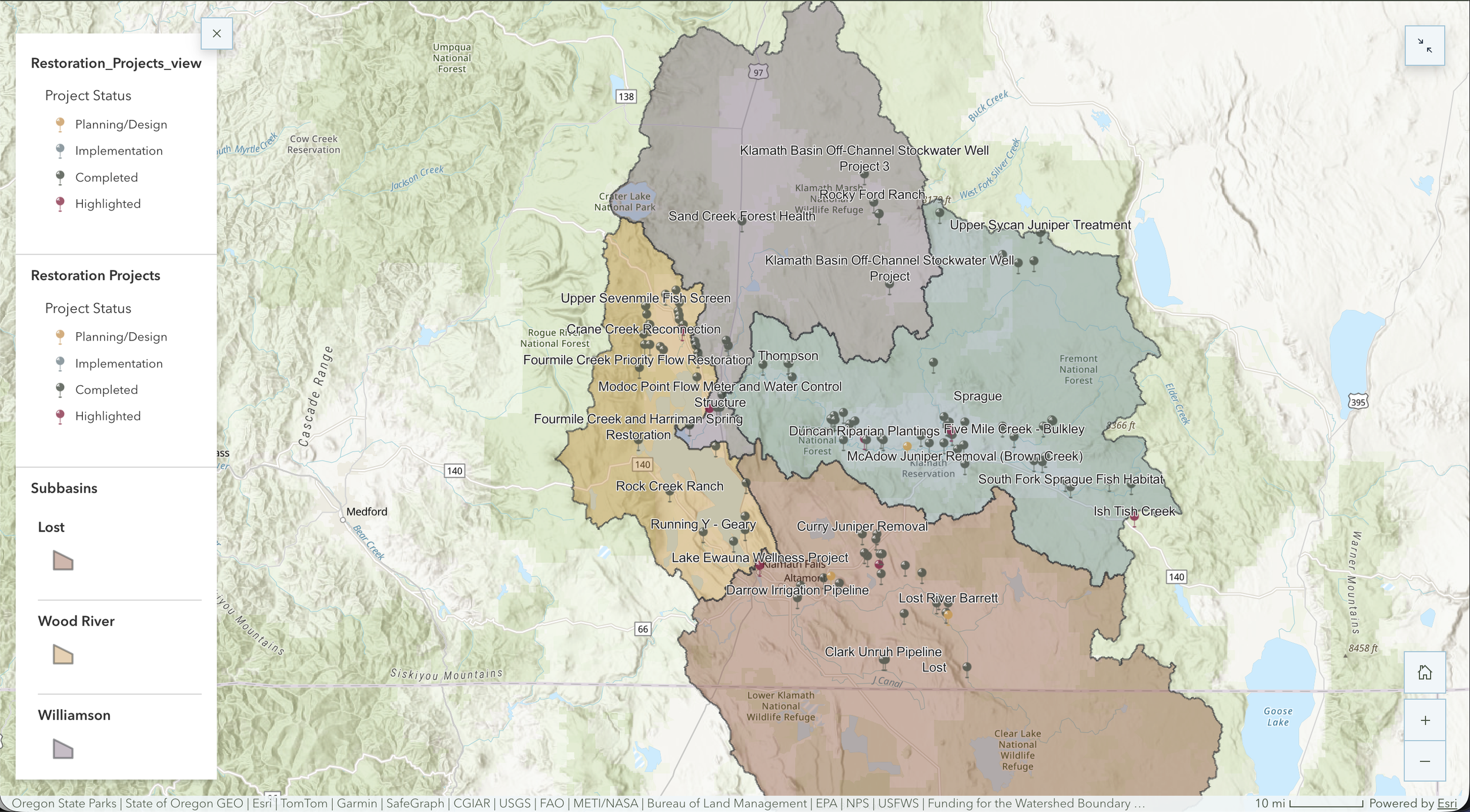 Map of restoration projects in the Upper Klamath Basin