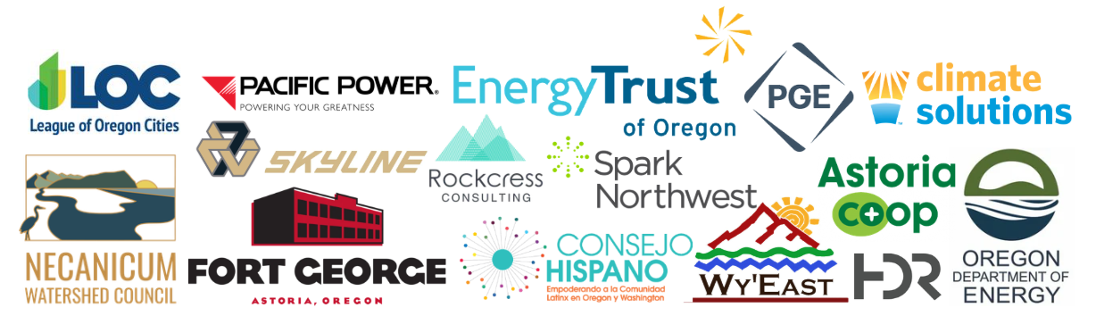 Logos of 2026 Fall Energy Symposium sponsors and community partners, including Pacific Power, Energy Trust of Oregon, PGE, Fort George, Consejo Hispano, and the Oregon Department of Energy