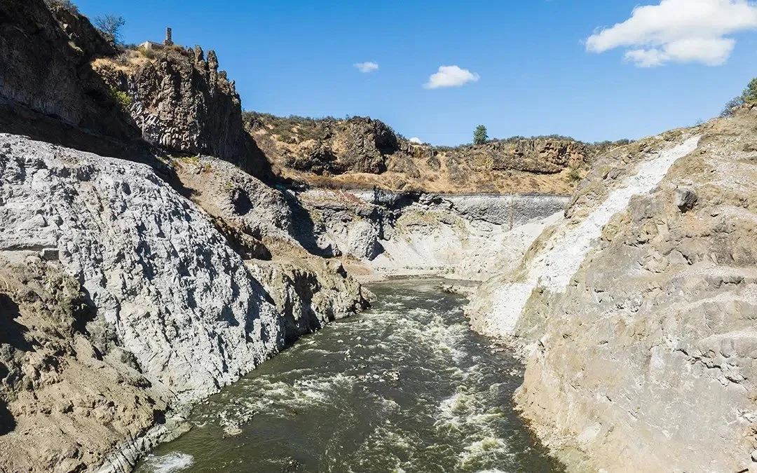 Copco No 1 dam after removal on middle Klamath River on the border of Oregon and California.  Credit Swiftwater films and Resource Environmental Solutions.