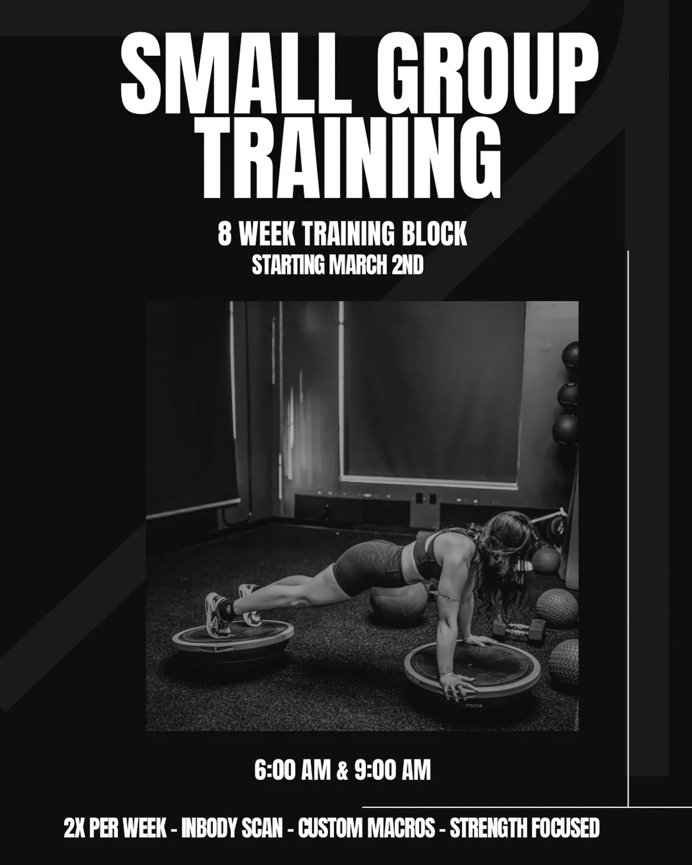 New 8-Week Small Group Session starts Monday, March 2 🔥

Two time options:
&bull; 9AM &ndash; Monday &amp; Wednesday
&bull; 6AM &ndash; Wednesday &amp; Friday

These are personalized, hands-on strength sessions focused on proper progressions, ideal 