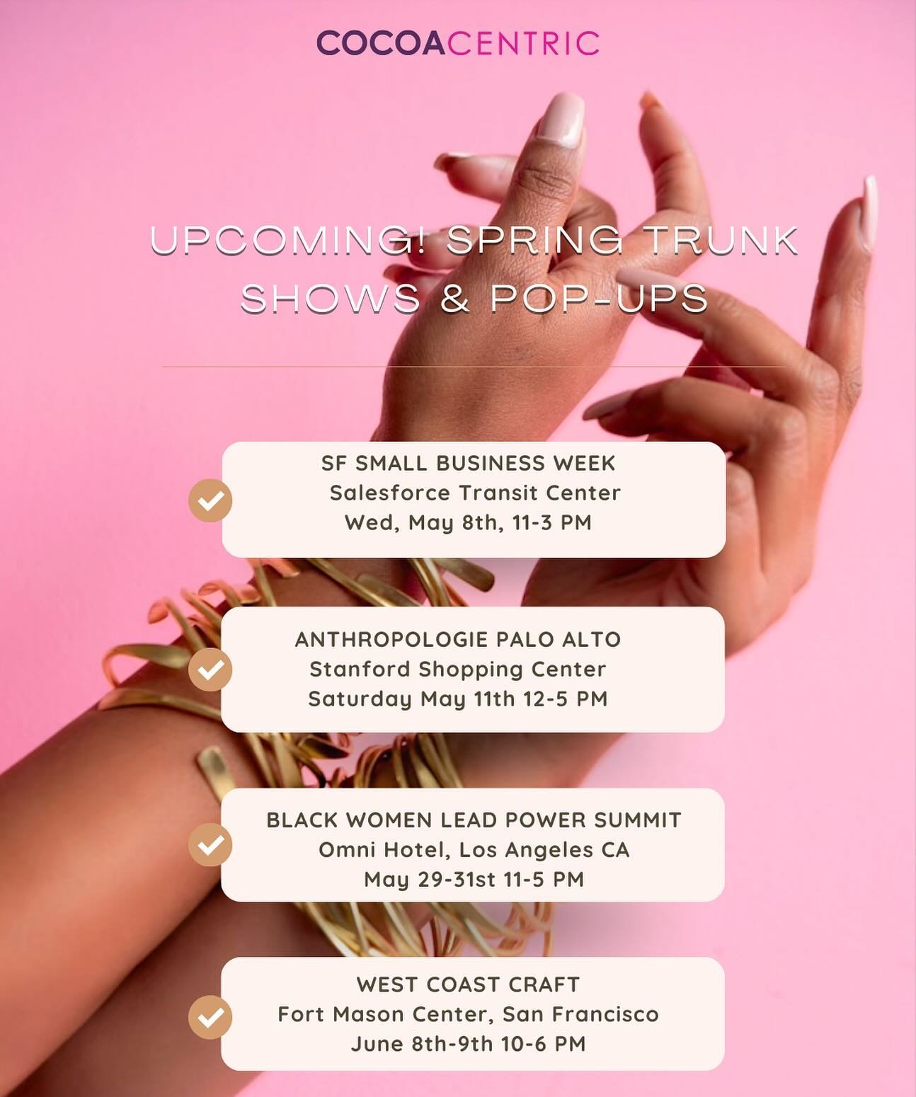 🌸🛍️ DONT MISS OUT! 🌼✨ WE WANNA SEE YOU!Get ready for some springtime shopping at our upcoming Trunk Shows &amp; Pop-Ups! &ndash; Mark your calendars! #SpringFashion #ShopLocal 💐✨ #shopdinesf #jewelryaddict