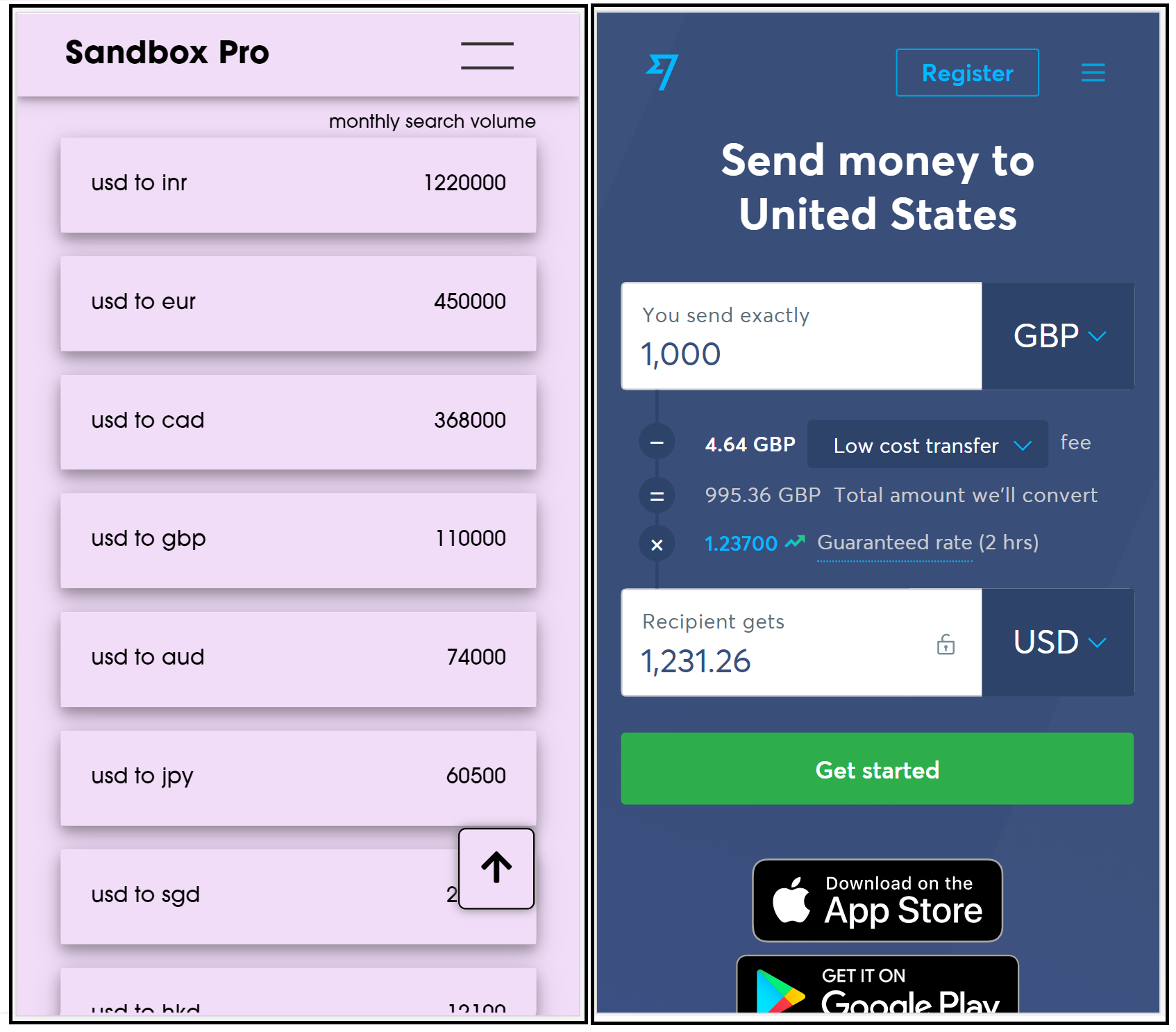 List of currency pairs next to Wise's programmatic landing page on exchange GBP for USD.