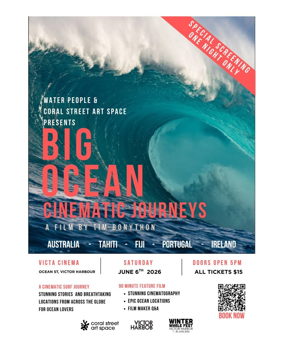 As part of Winter Whale Festival and in association with Water People at Coral Street Art Space:

Special Screening: Tim Bonython's Cinematic Ocean Journeys

As part of the Water People exhibition, Victa Cinema presents a special screening drawn from