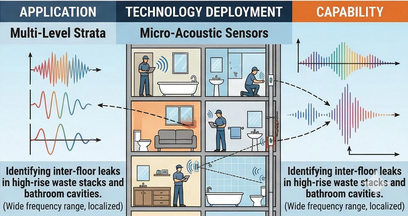 Localized micro-acoustic sensor triangulation pinpointing an inter-floor waste stack leak in a high-rise apartment.
